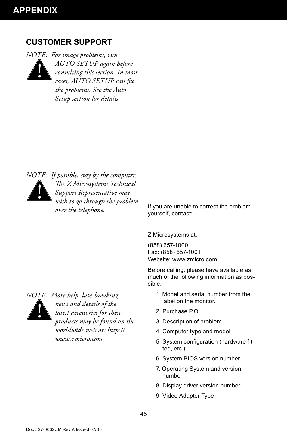 Appendix, Customer support | Z Microsystems SL User Manual | Page 45 / 51