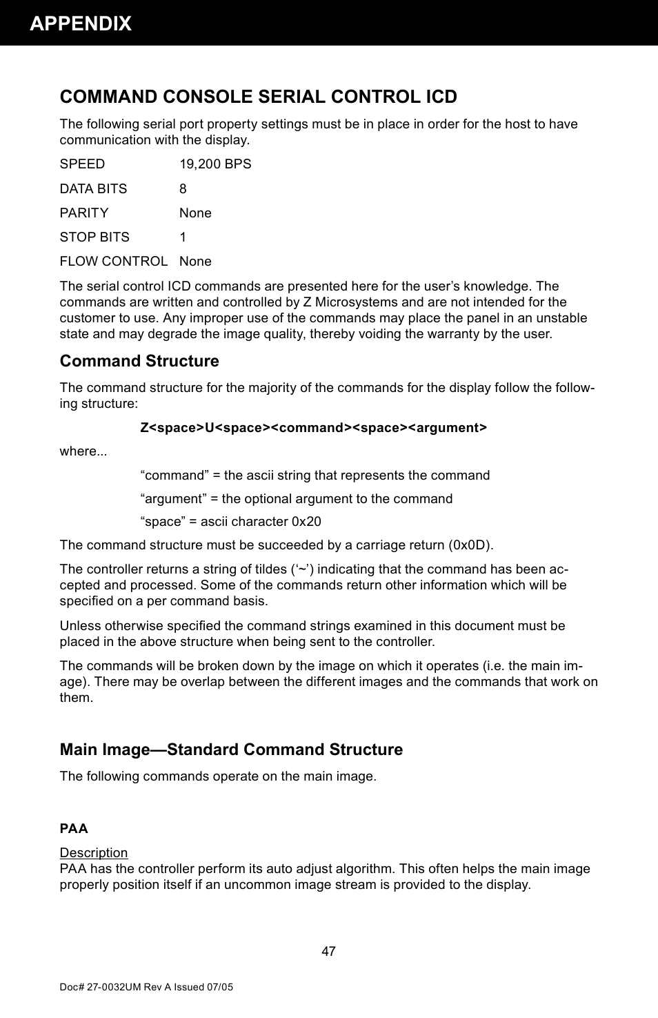 Appendix, Command console serial control icd, Command structure | Main image—standard command structure | Z Microsystems SL User Manual | Page 47 / 51