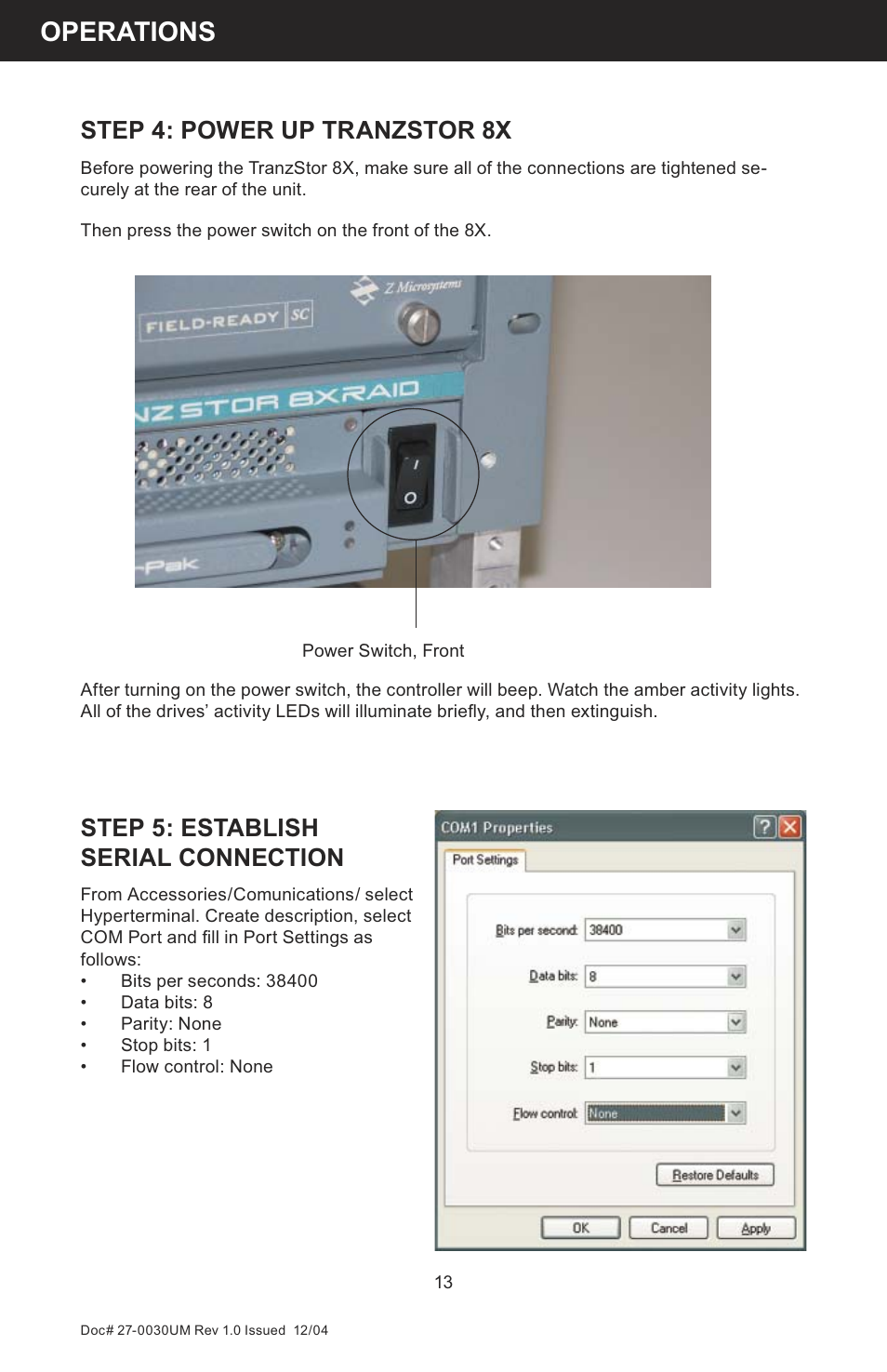 Operations, Step 5: establish serial connection, Step 4: power up tranzstor 8x | Z Microsystems 8X User Manual | Page 13 / 51