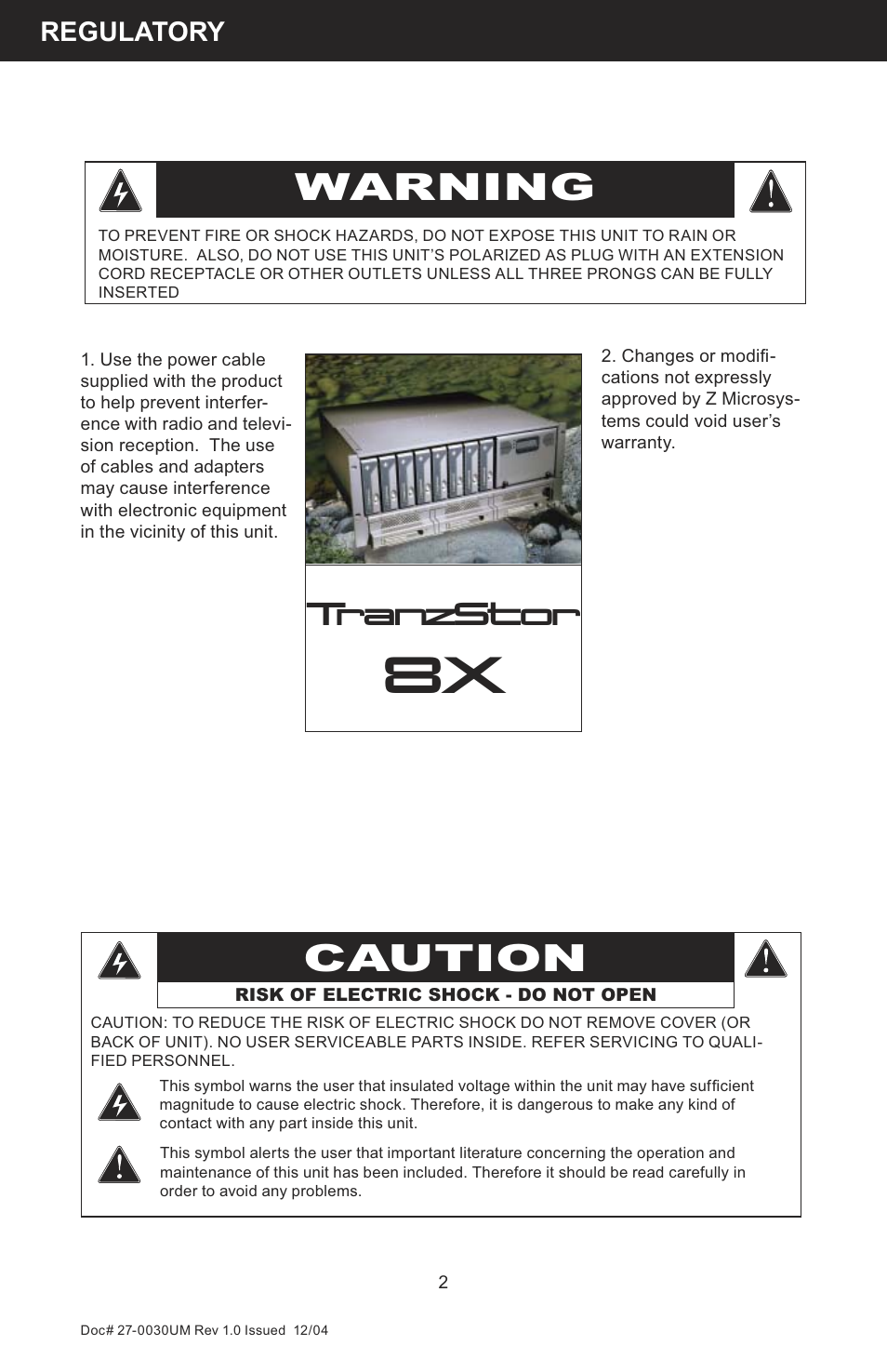 Warning, Caution, Tranzstor | Z Microsystems 8X User Manual | Page 2 / 51