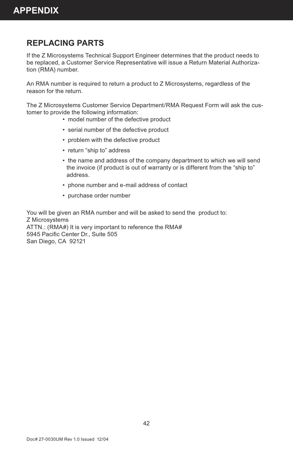 Appendix, Replacing parts | Z Microsystems 8X User Manual | Page 42 / 51