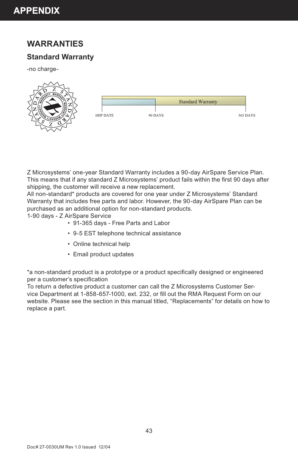 Appendix, Warranties, Standard warranty | Z Microsystems 8X User Manual | Page 43 / 51