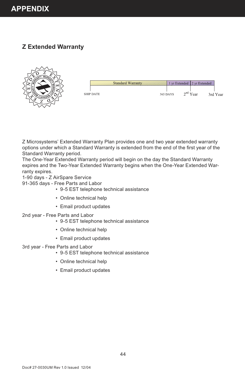 Appendix, Z extended warranty | Z Microsystems 8X User Manual | Page 44 / 51
