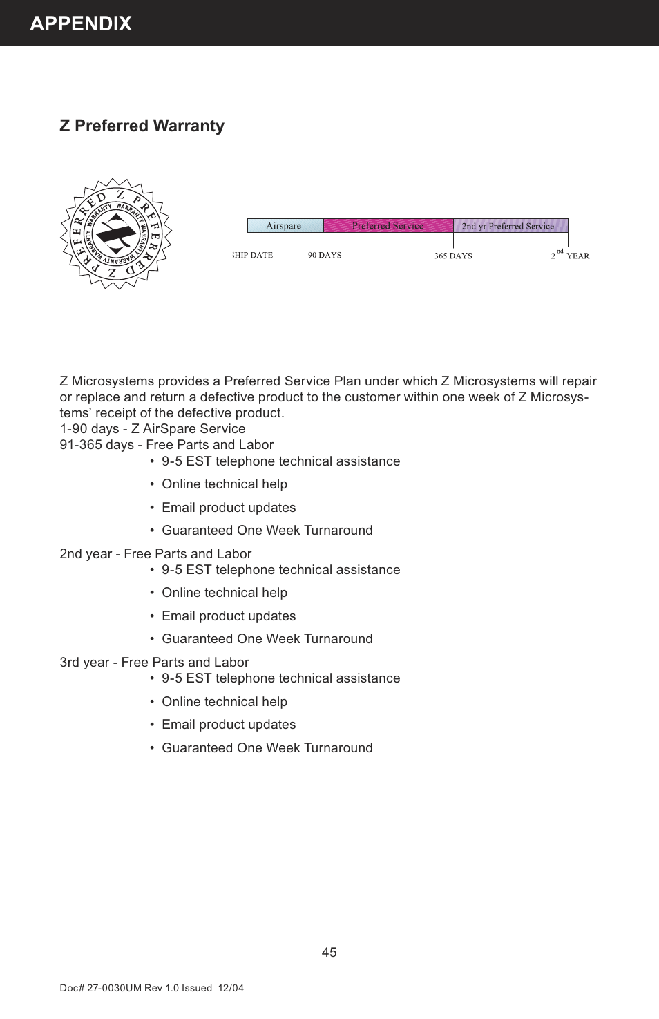 Appendix, Z preferred warranty | Z Microsystems 8X User Manual | Page 45 / 51