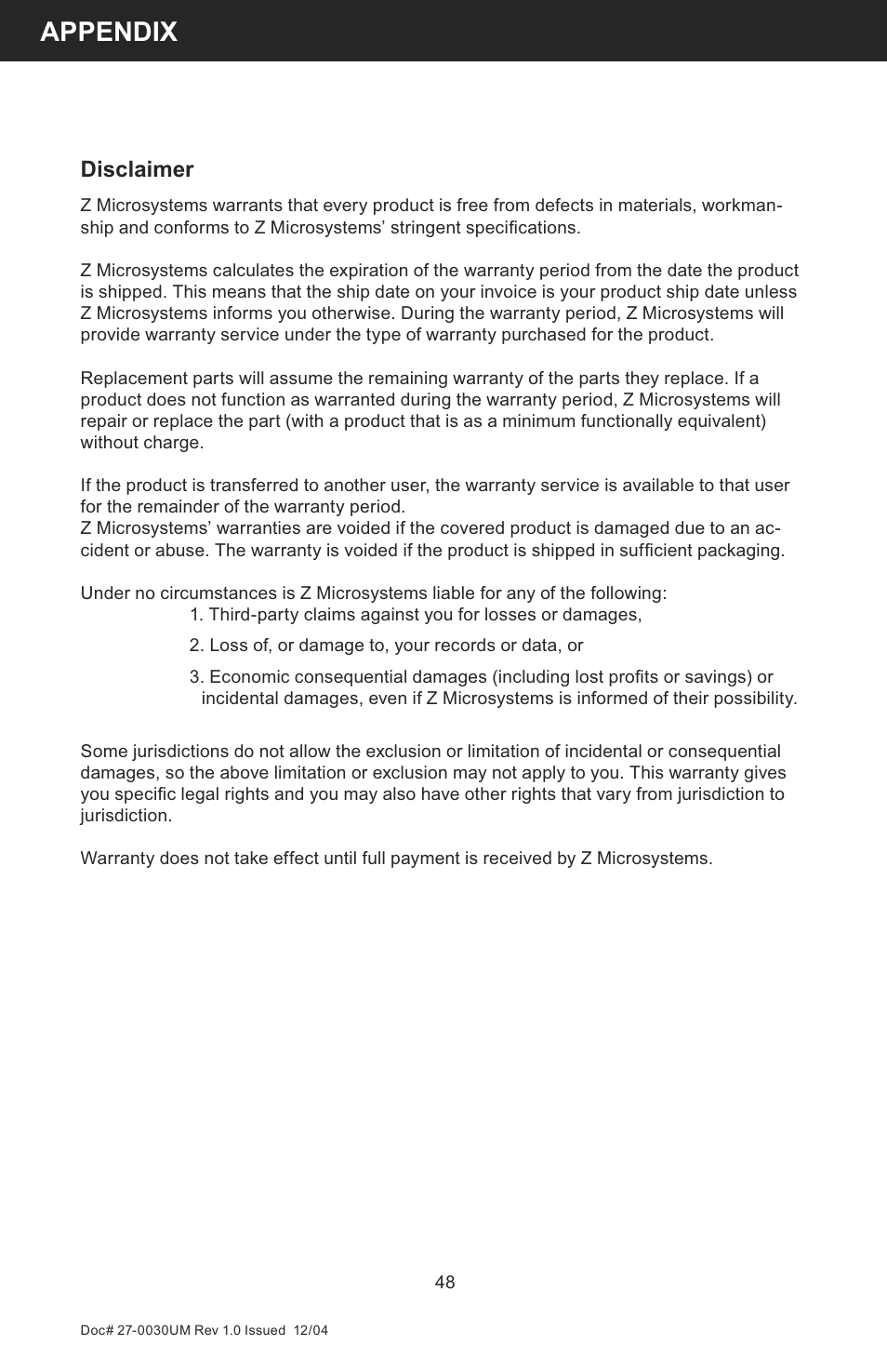 Appendix, Disclaimer | Z Microsystems 8X User Manual | Page 48 / 51