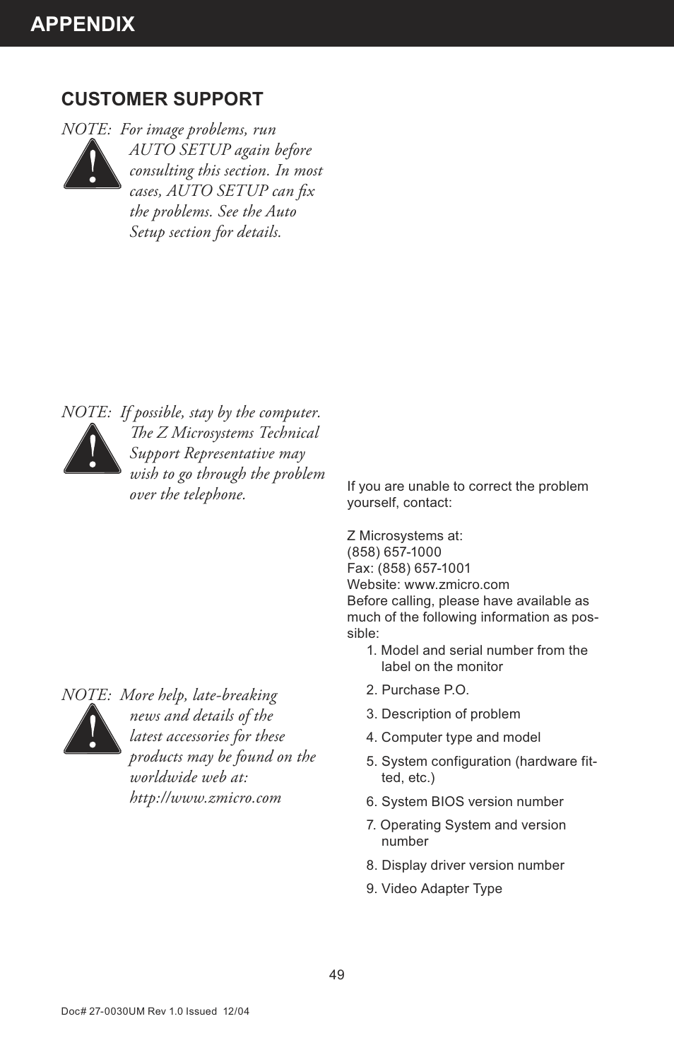 Appendix, Customer support | Z Microsystems 8X User Manual | Page 49 / 51