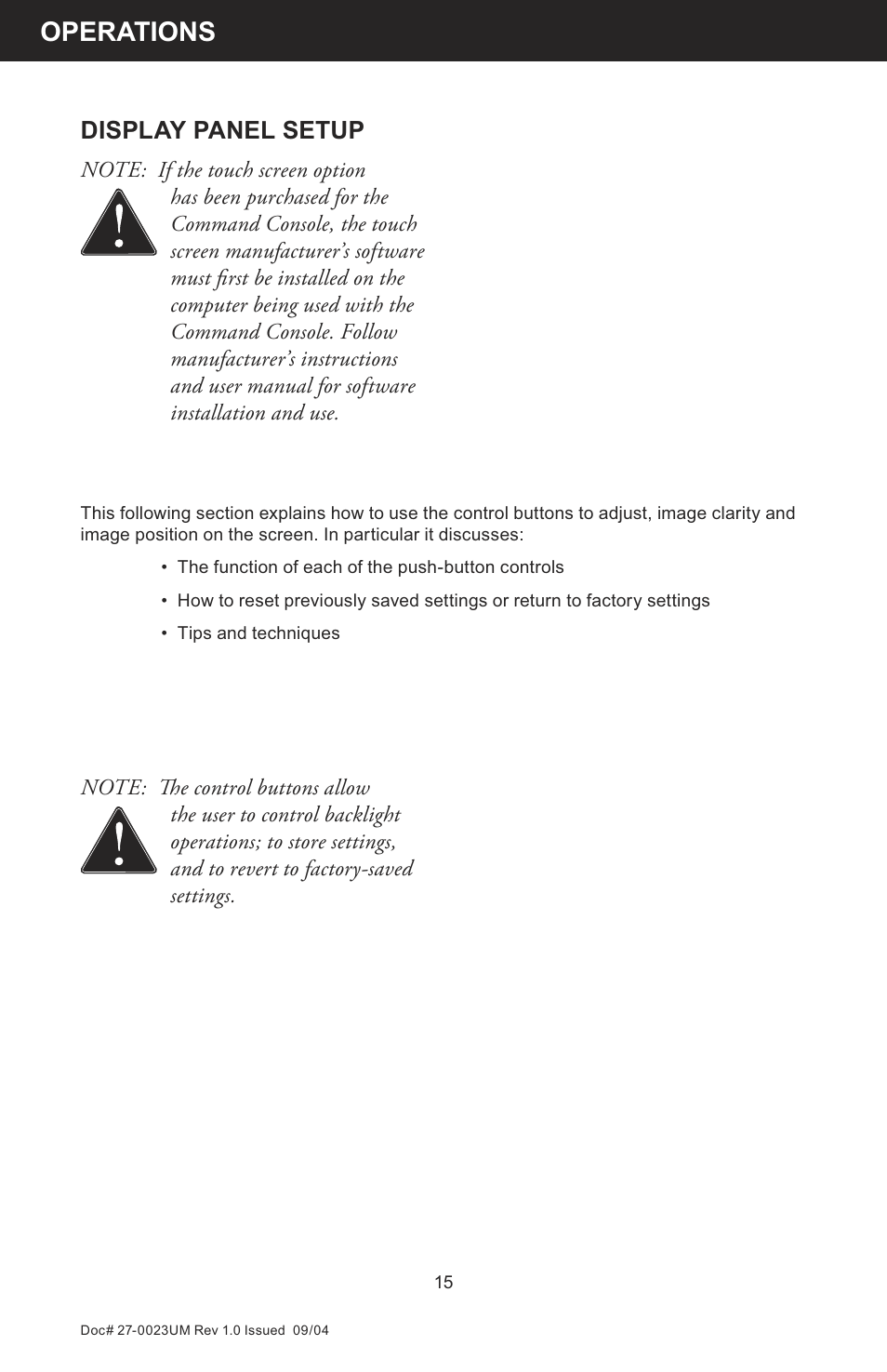 Operations, Display panel setup | Z Microsystems 19 User Manual | Page 15 / 67