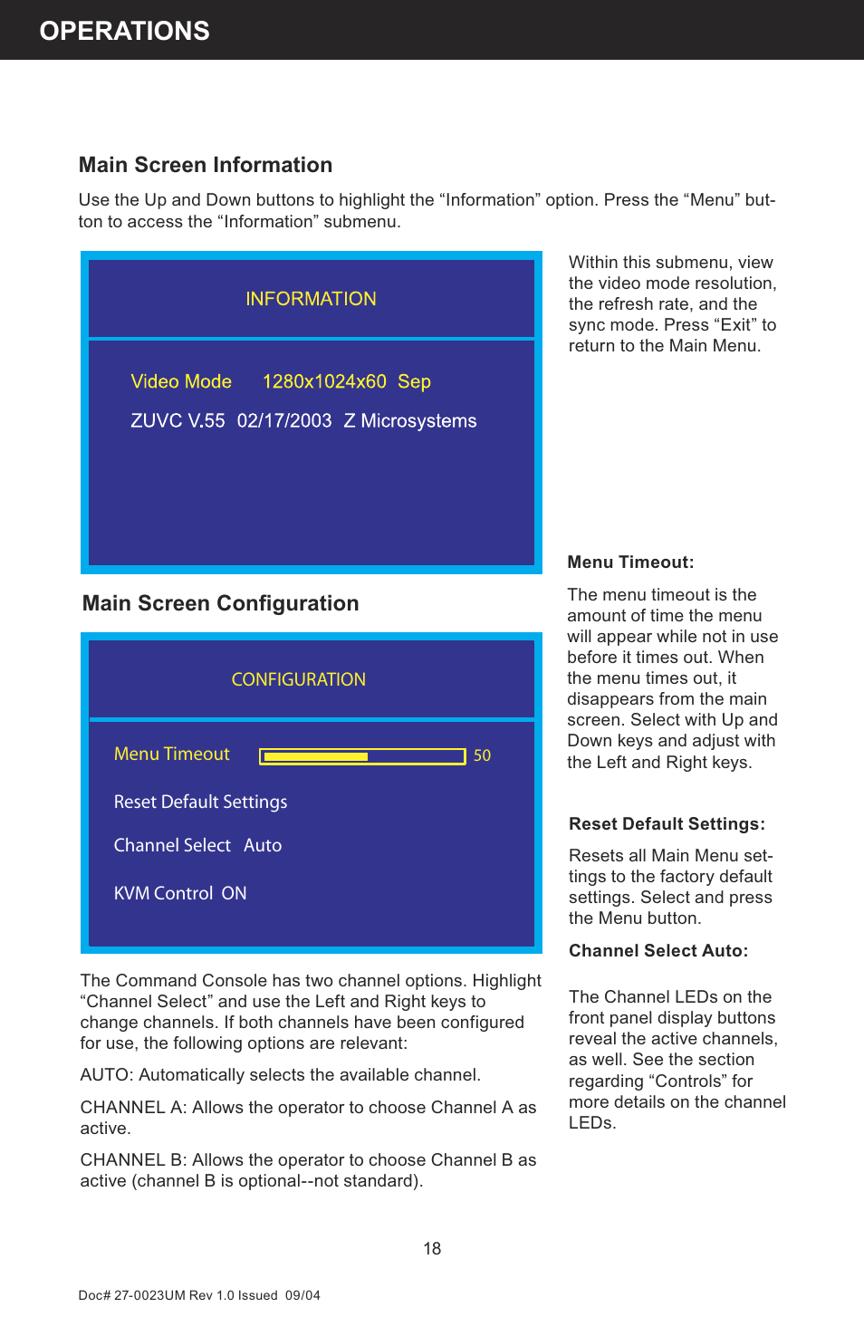 Operations, Main screen information, Main screen conﬁ guration | Z Microsystems 19 User Manual | Page 18 / 67