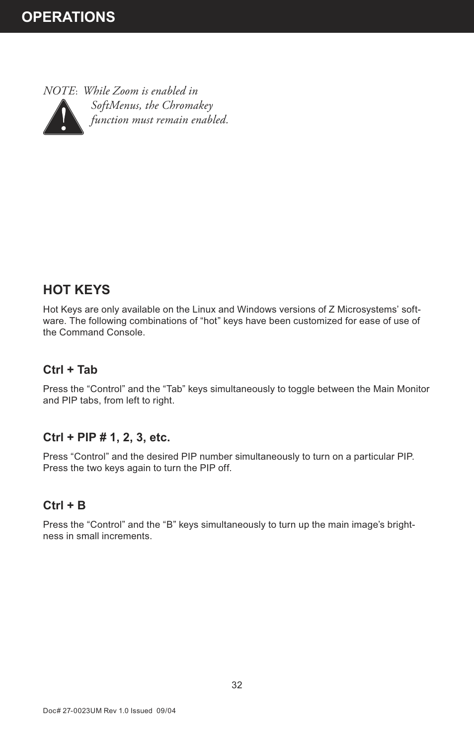 Operations, Hot keys | Z Microsystems 19 User Manual | Page 32 / 67