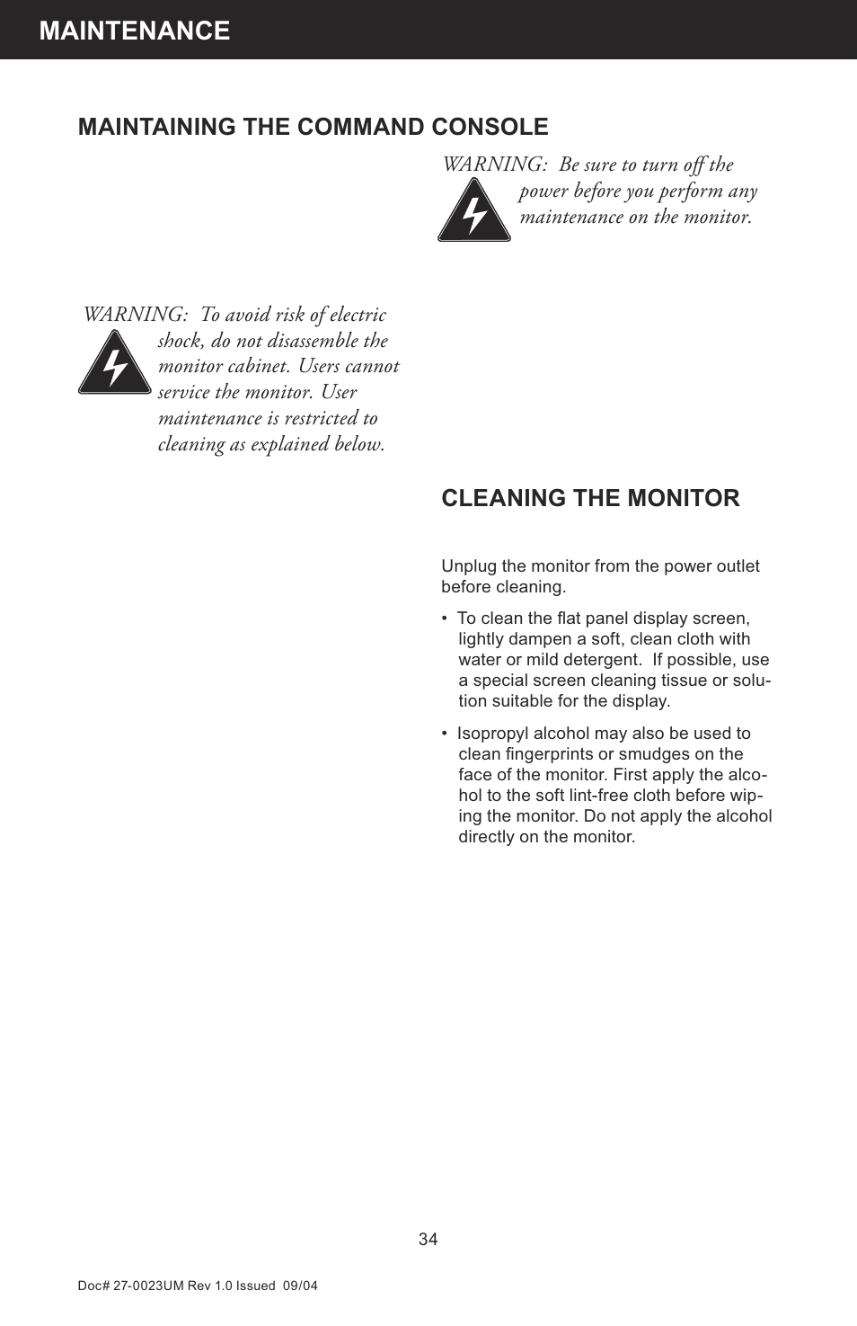Maintenance, Cleaning the monitor, Maintaining the command console | Z Microsystems 19 User Manual | Page 34 / 67