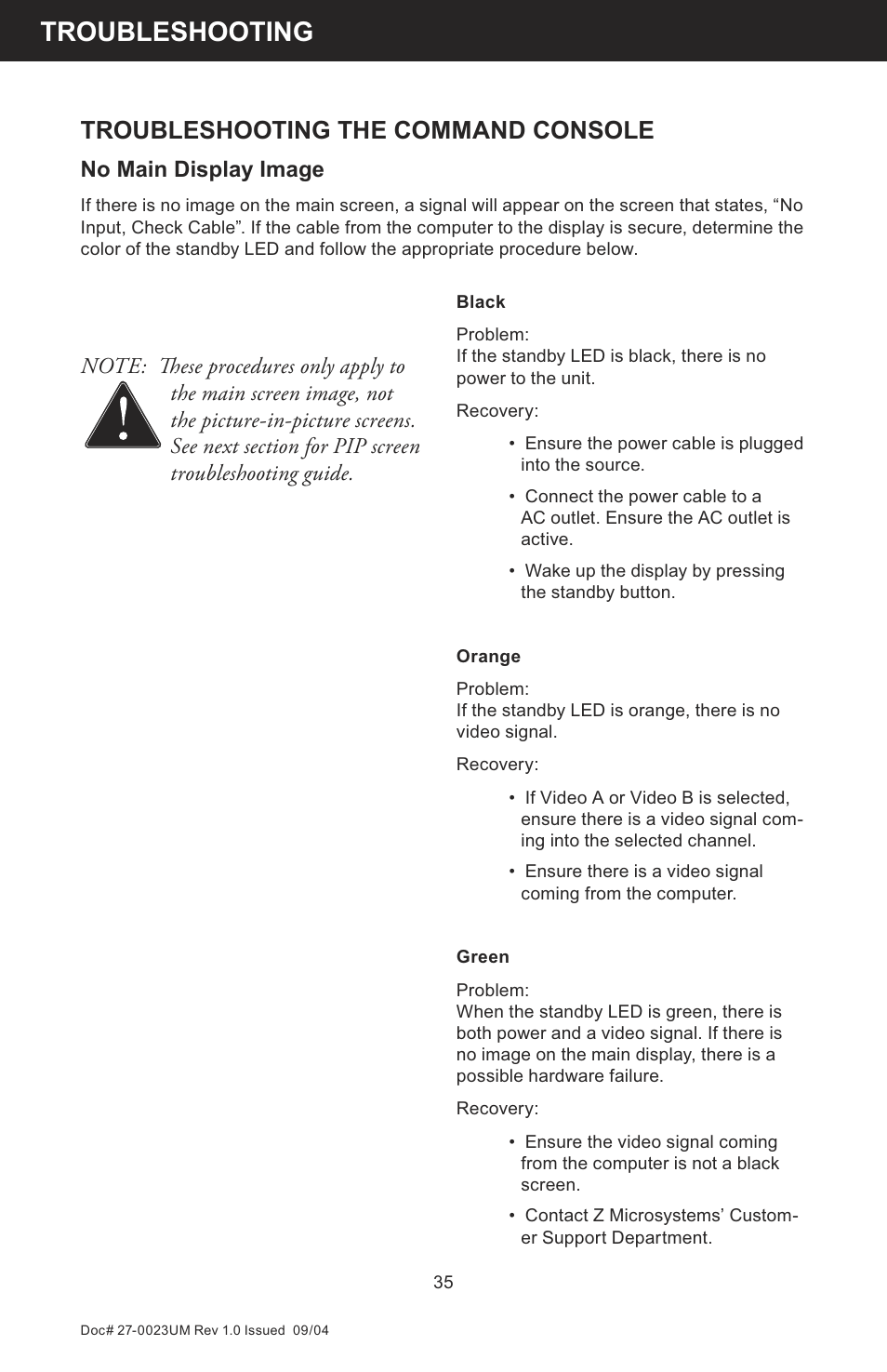 Troubleshooting, Troubleshooting the command console, No main display image | Z Microsystems 19 User Manual | Page 35 / 67