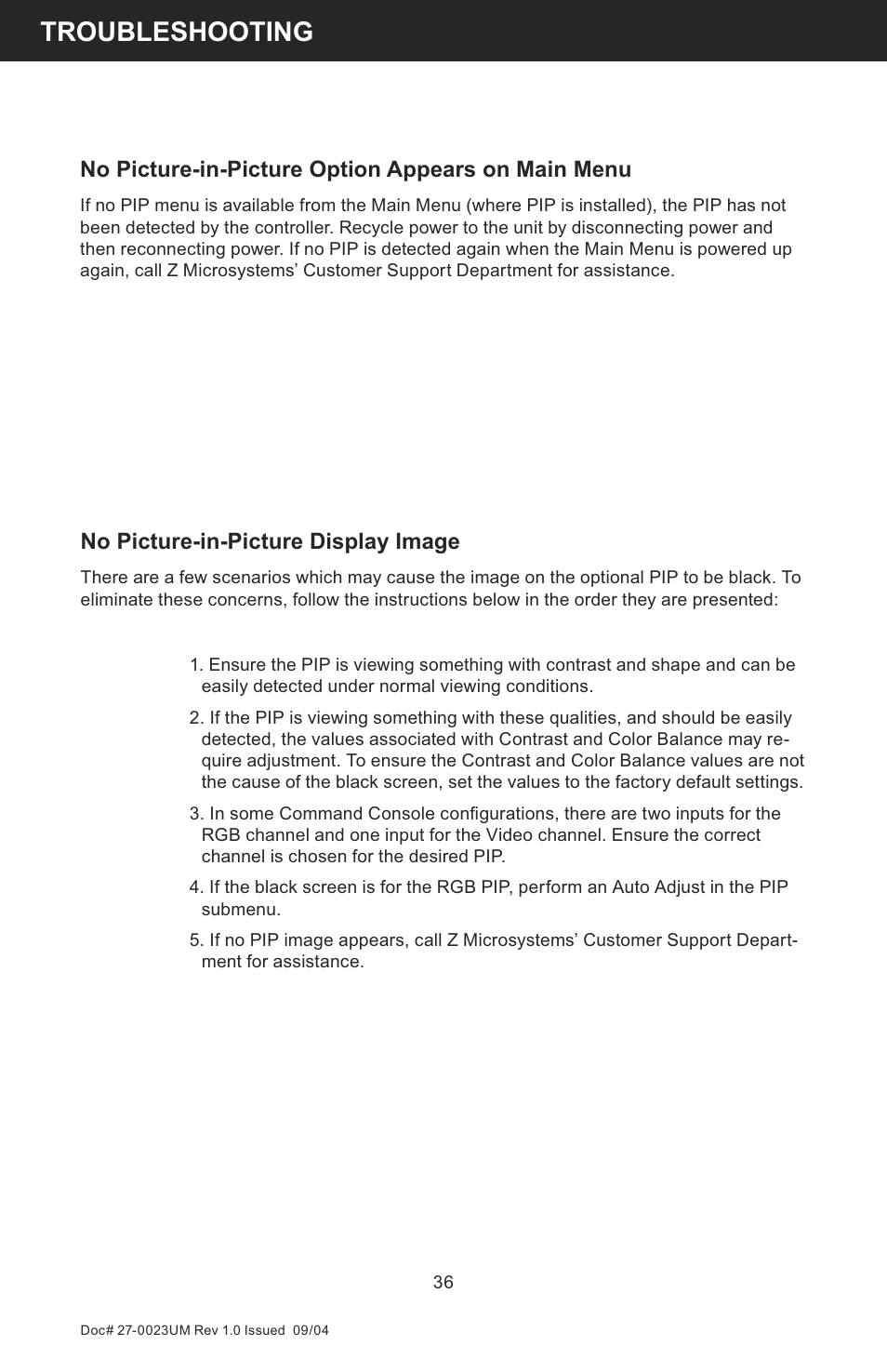Troubleshooting, No picture-in-picture option appears on main menu, No picture-in-picture display image | Z Microsystems 19 User Manual | Page 36 / 67