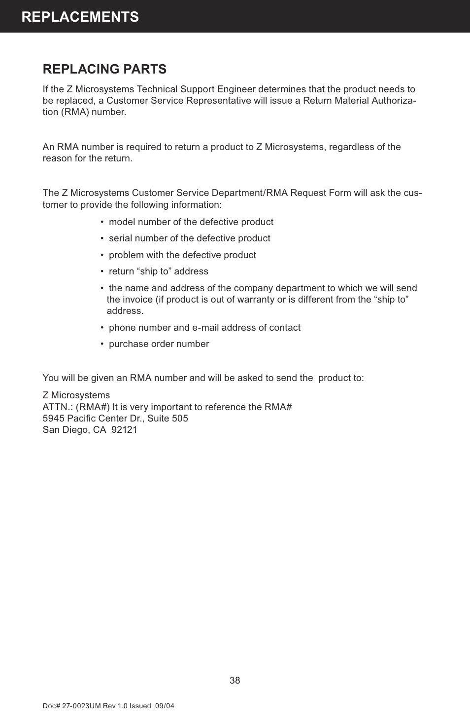 Replacements, Replacing parts | Z Microsystems 19 User Manual | Page 38 / 67