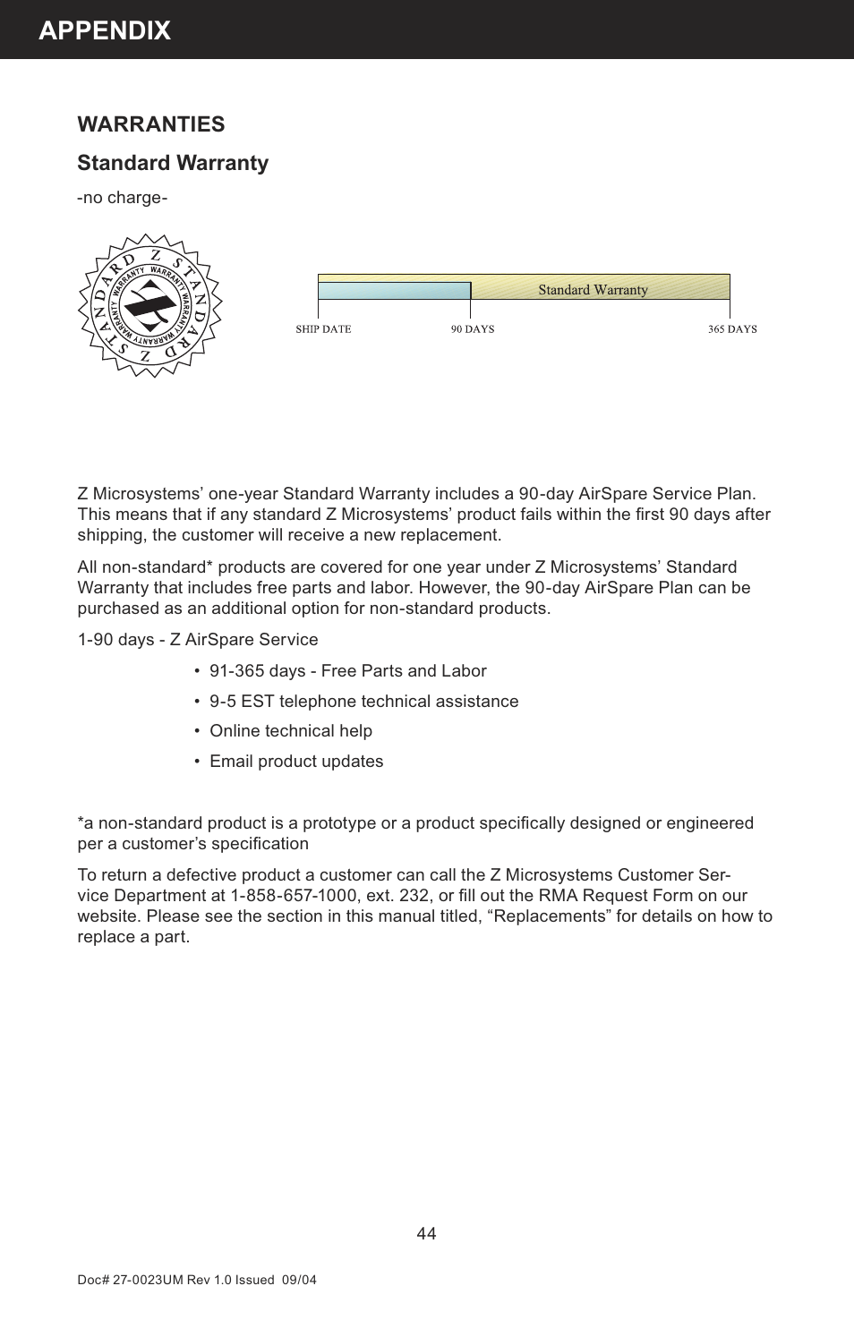 Appendix, Standard warranty, Warranties | Z Microsystems 19 User Manual | Page 44 / 67