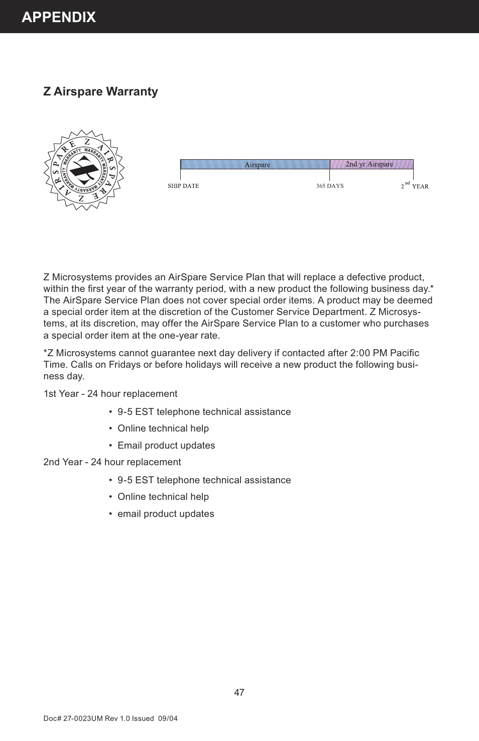 Appendix, Z airspare warranty | Z Microsystems 19 User Manual | Page 47 / 67