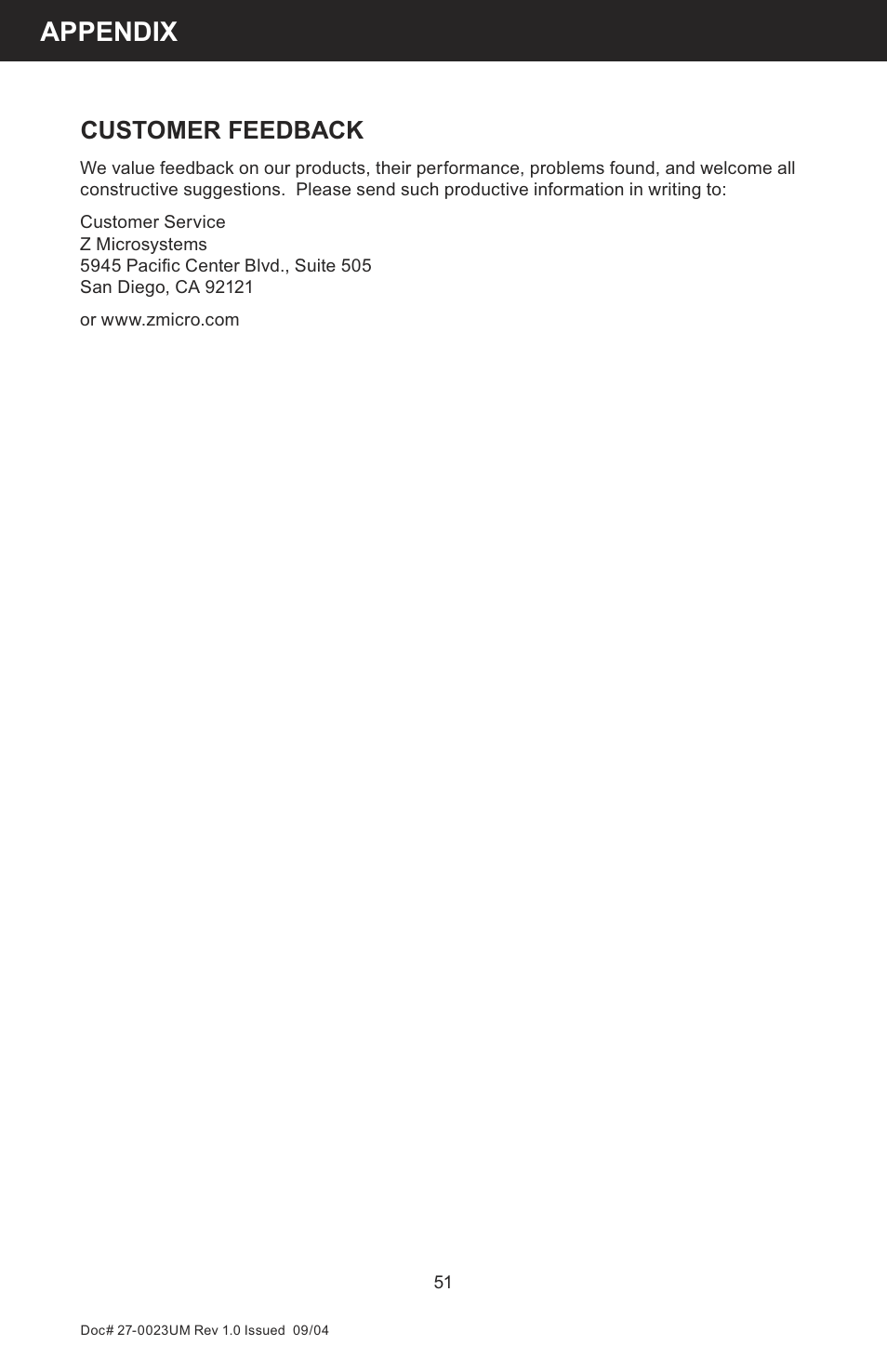 Appendix, Customer feedback | Z Microsystems 19 User Manual | Page 51 / 67