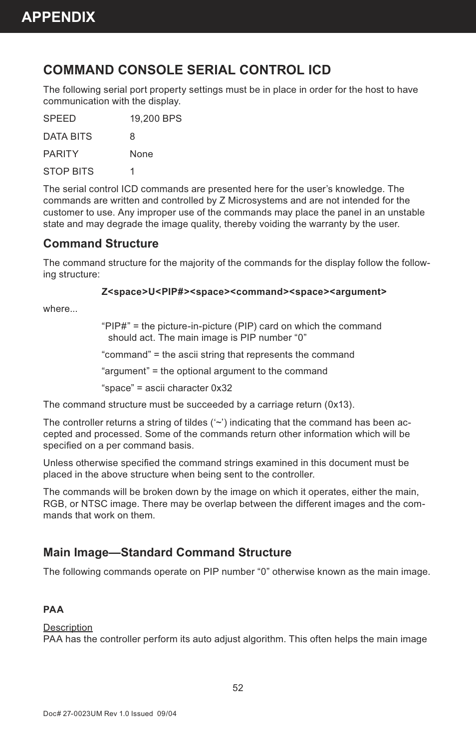 Appendix, Command console serial control icd, Command structure | Main image—standard command structure | Z Microsystems 19 User Manual | Page 52 / 67