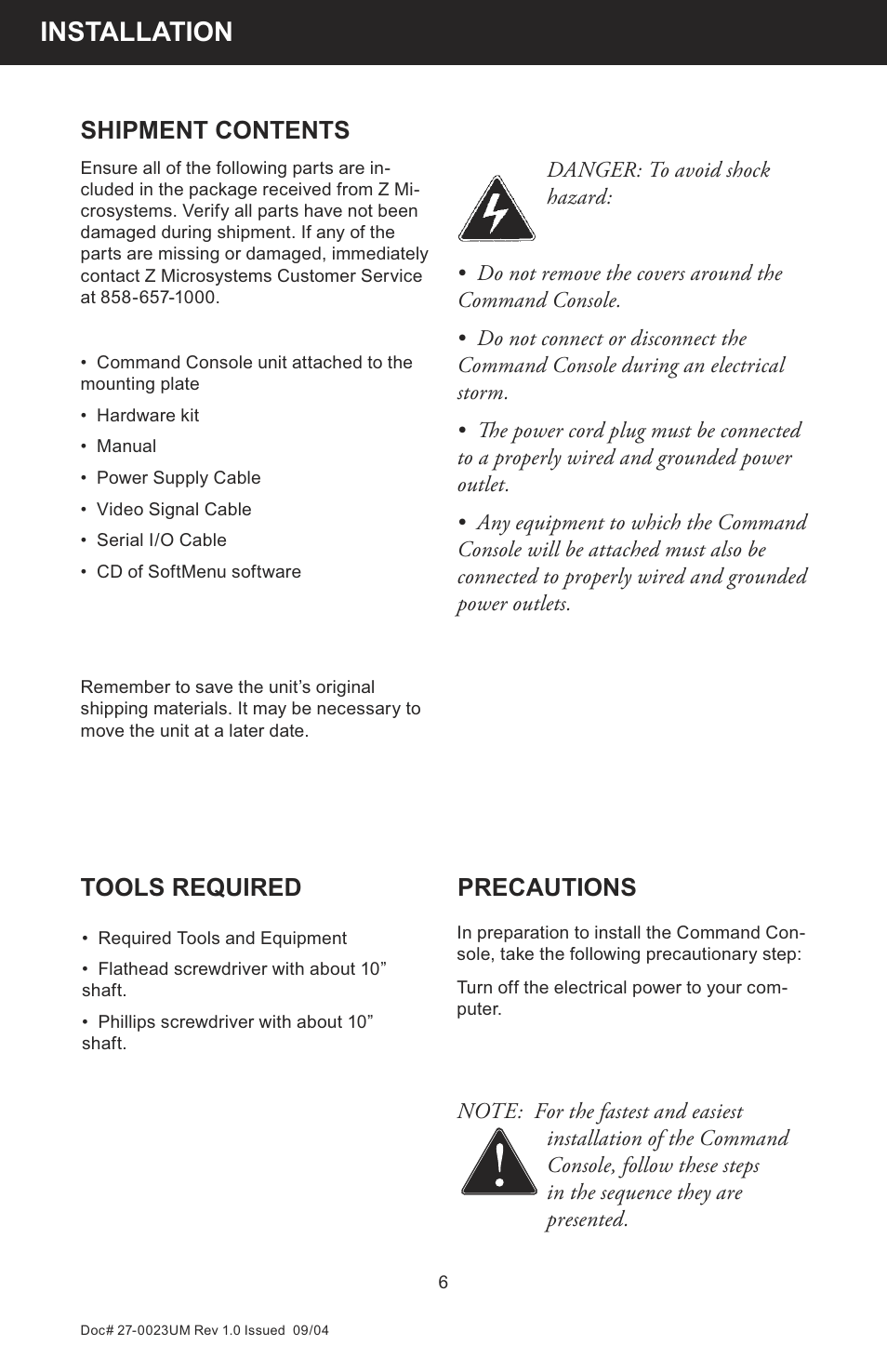 Installation, Shipment contents, Tools required precautions | Z Microsystems 19 User Manual | Page 6 / 67