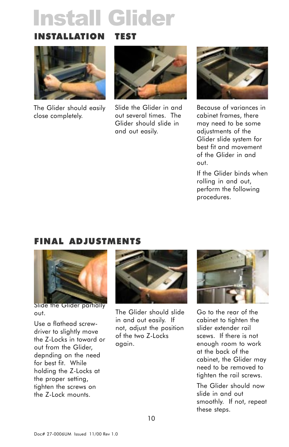 Installation test, Final adjustments, Install glider | Z Microsystems GLIDER 20 User Manual | Page 10 / 35