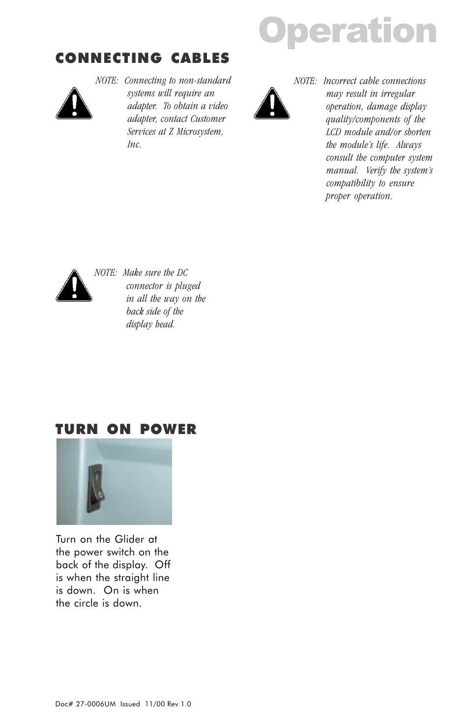 Operation, Connecting cables, Turn on power | Connecting cables turn on power | Z Microsystems GLIDER 20 User Manual | Page 15 / 35
