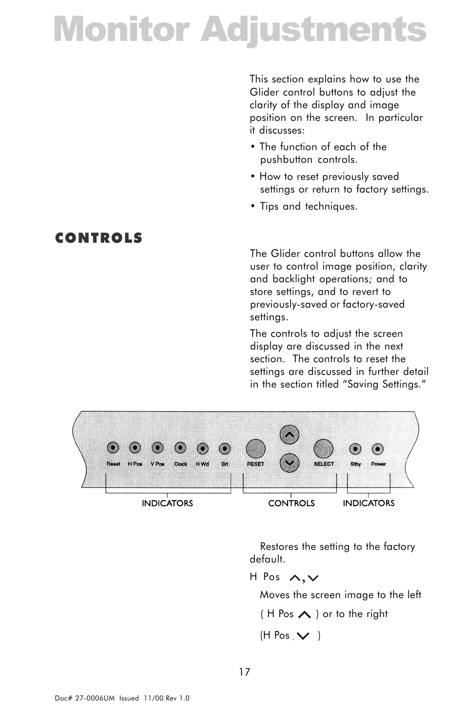 Control17, Monitor adjustments, Controls | Z Microsystems GLIDER 20 User Manual | Page 17 / 35