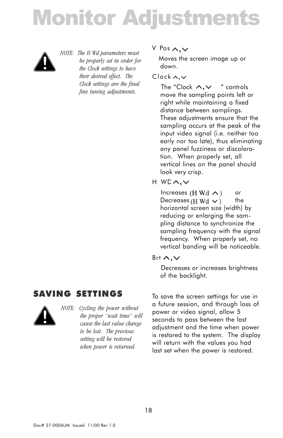 Saving settings, Monitor adjustments | Z Microsystems GLIDER 20 User Manual | Page 18 / 35