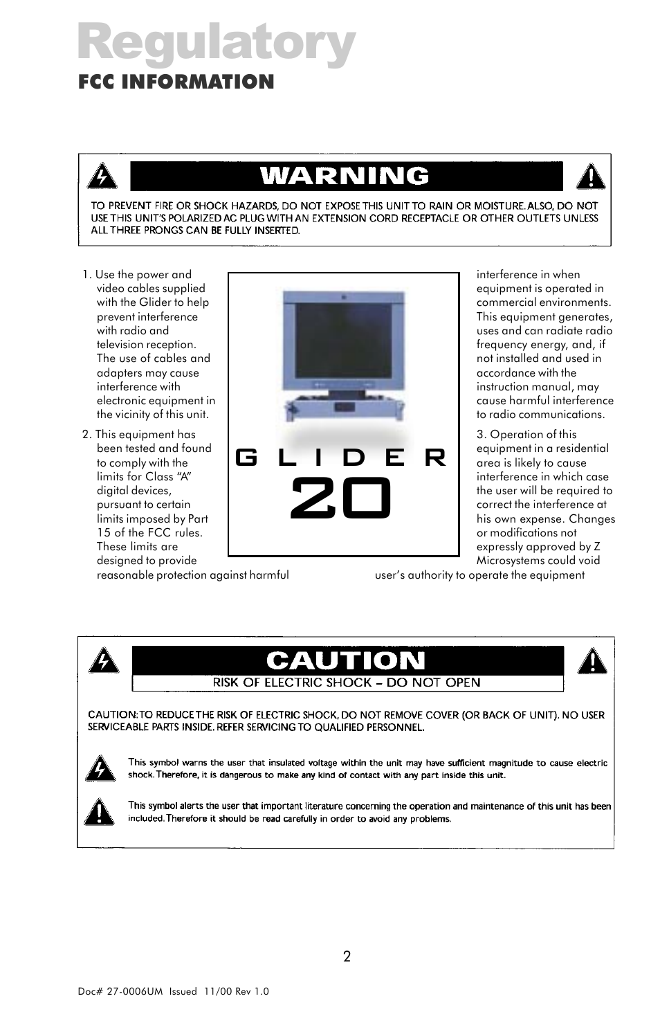 Regulatory, Fcc information | Z Microsystems GLIDER 20 User Manual | Page 2 / 35