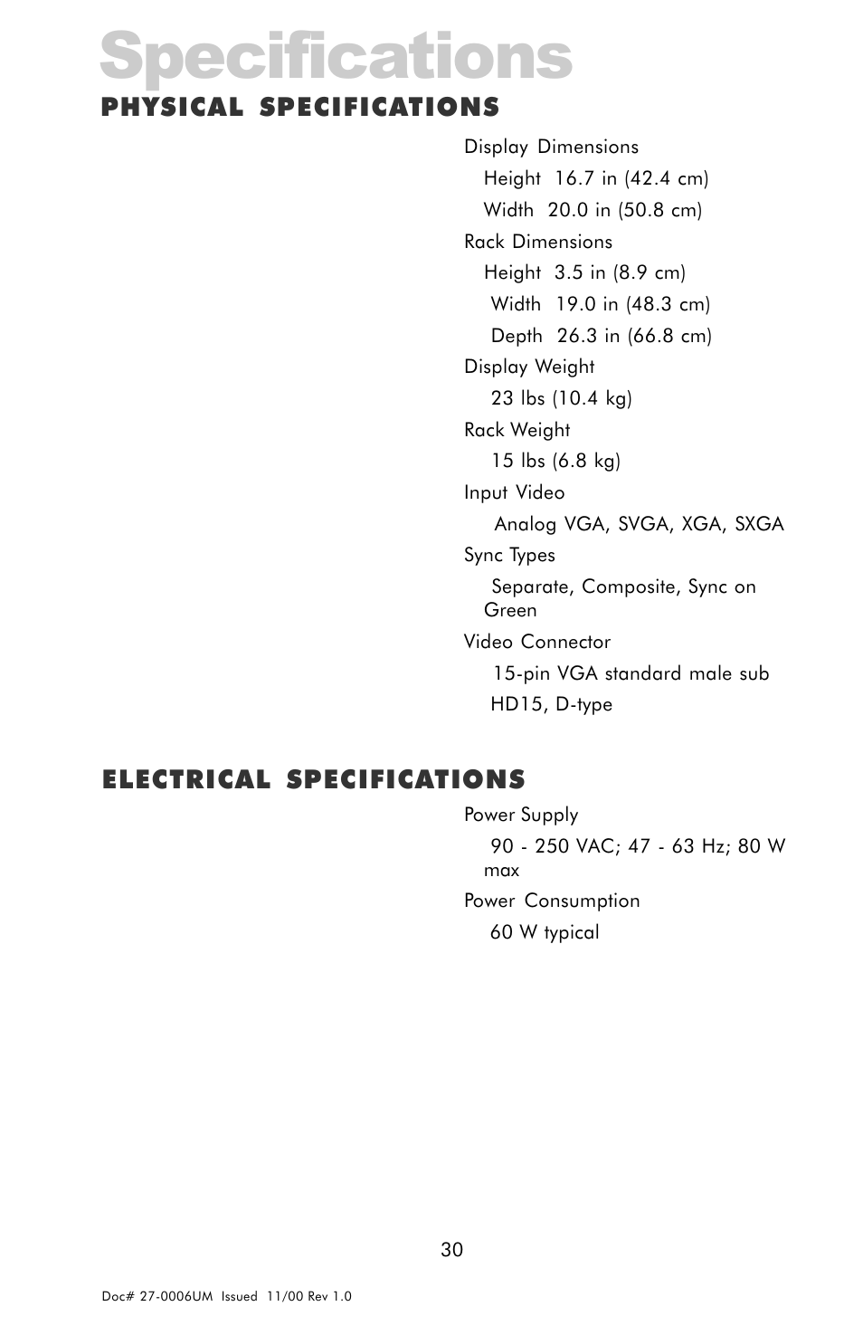 Physical specifications, Electrical specifications, Specifications | Z Microsystems GLIDER 20 User Manual | Page 30 / 35