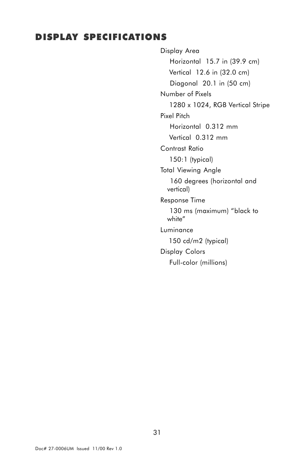 Display specifications | Z Microsystems GLIDER 20 User Manual | Page 31 / 35