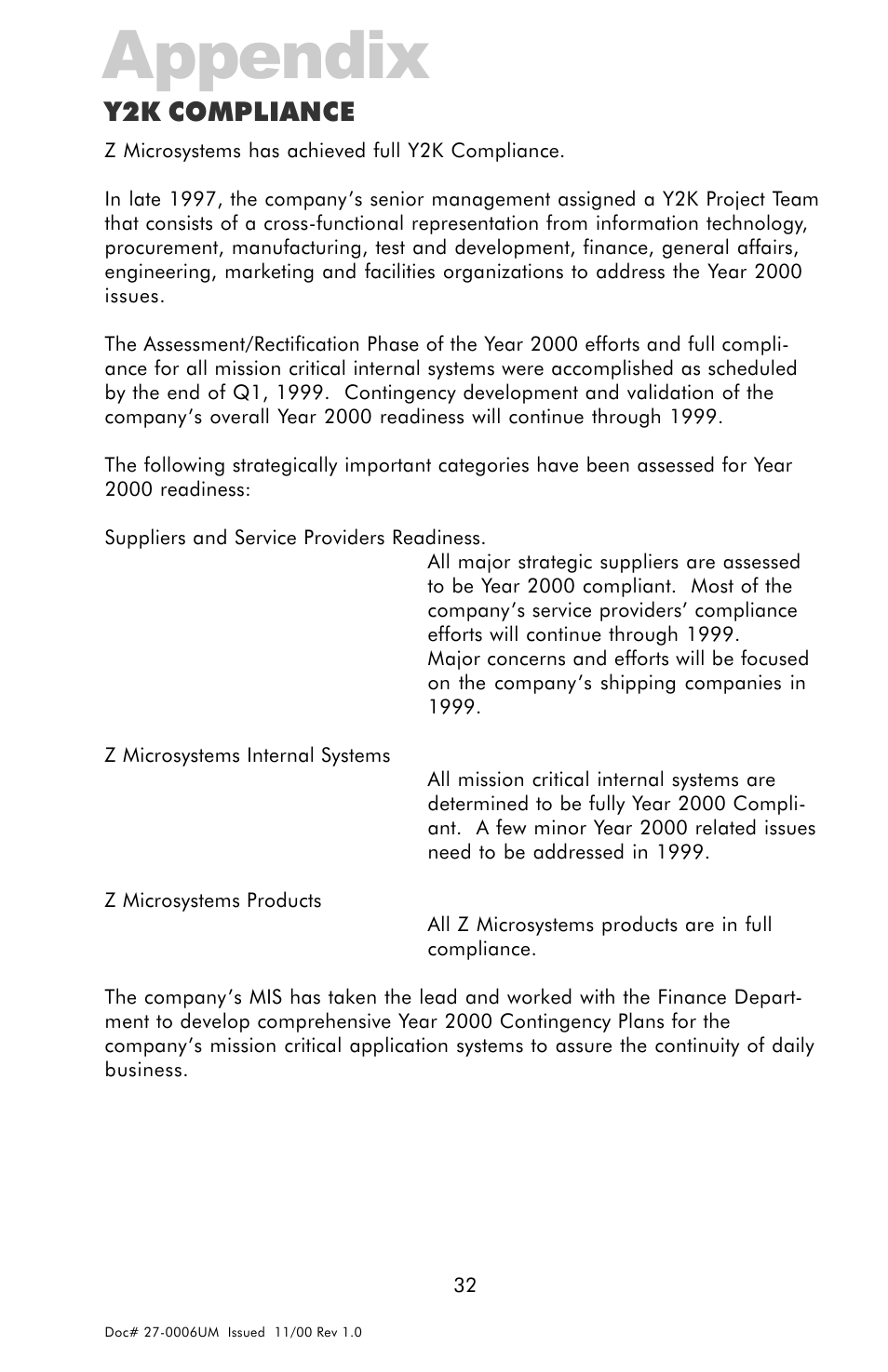 Appendix, Y2k compliance | Z Microsystems GLIDER 20 User Manual | Page 32 / 35