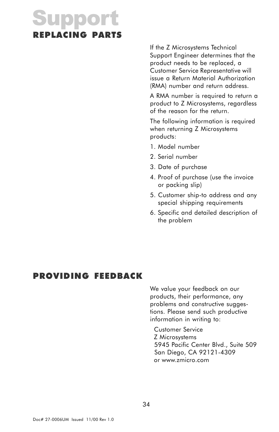 Replacing parts, Providing feedback, Support | Z Microsystems GLIDER 20 User Manual | Page 34 / 35