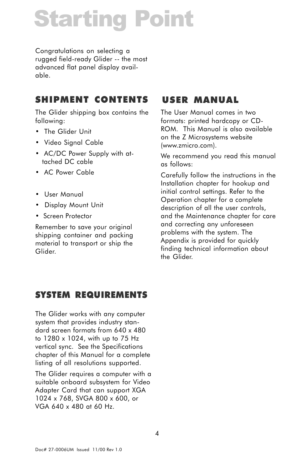 Starting point, Shipment contents, User manual4 | System requirements, User manual shipment contents | Z Microsystems GLIDER 20 User Manual | Page 4 / 35