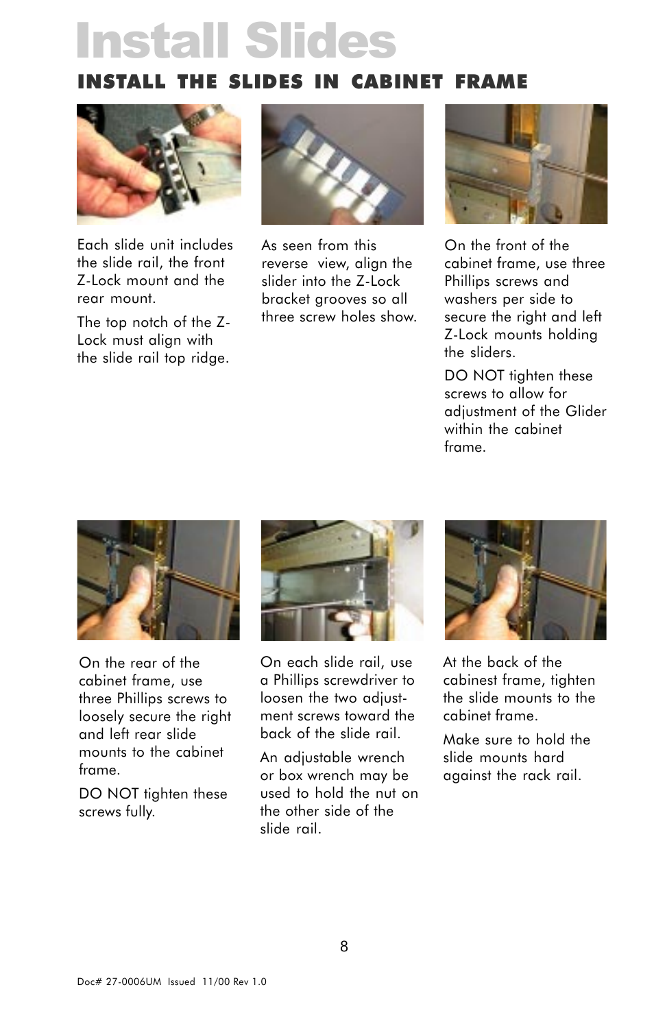 Install the slides in, Cabinet frame, Install slides | Install the slides in cabinet frame | Z Microsystems GLIDER 20 User Manual | Page 8 / 35