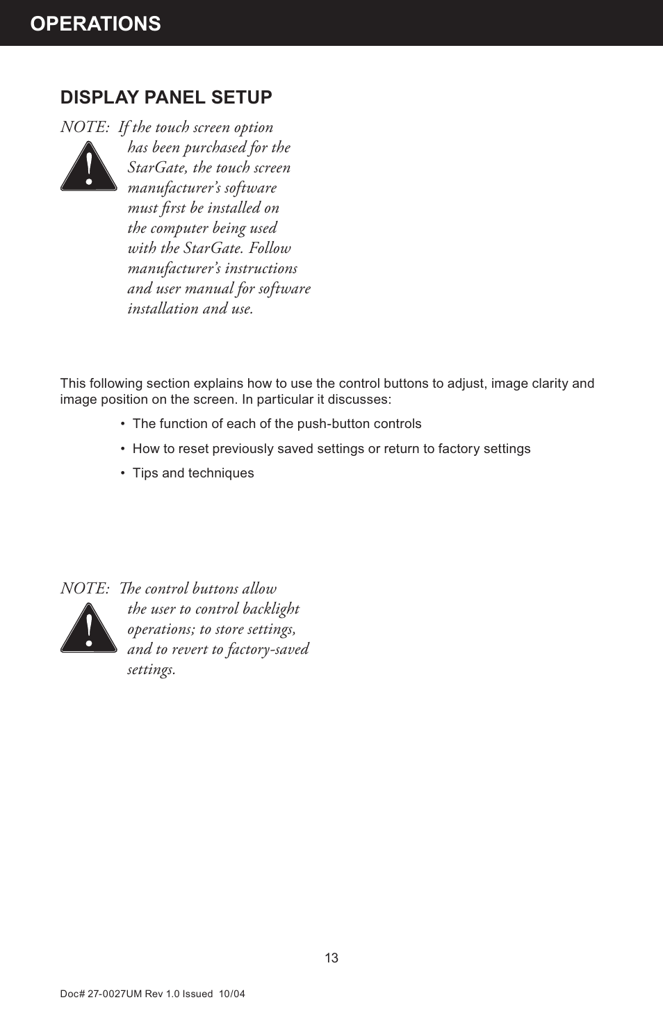 Operations, Display panel setup | Z Microsystems StarGate 20 User Manual | Page 13 / 64