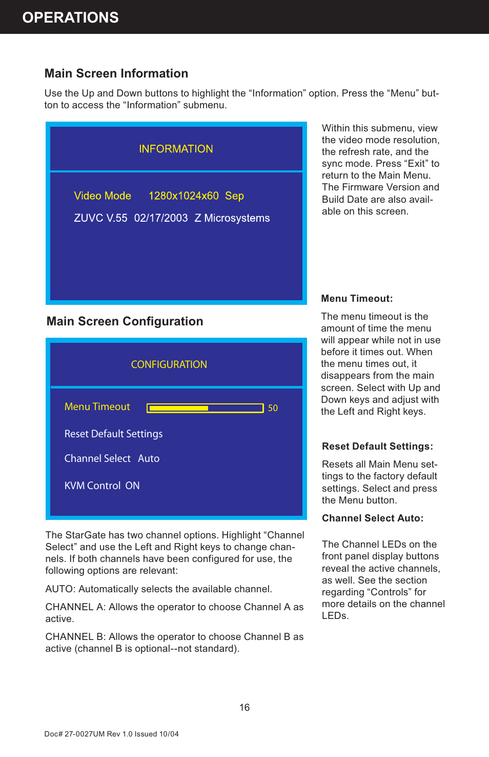Operations, Main screen information, Main screen conﬁ guration | Z Microsystems StarGate 20 User Manual | Page 16 / 64