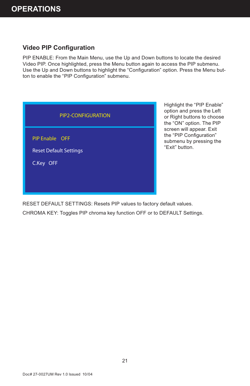 Operations, Video pip conﬁ guration | Z Microsystems StarGate 20 User Manual | Page 21 / 64