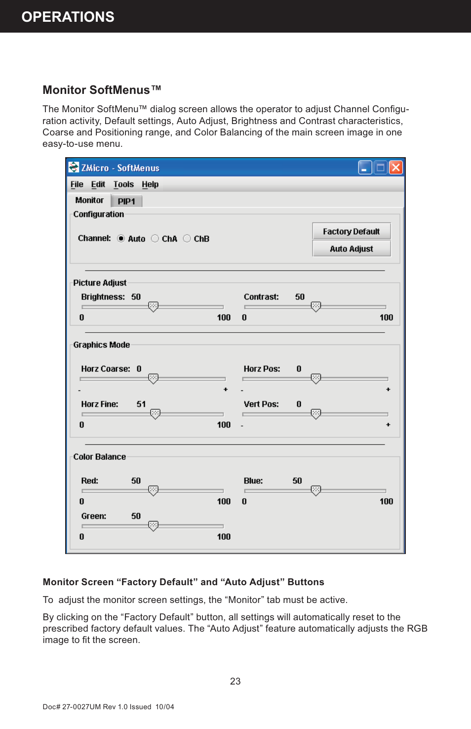 Operations, Monitor softmenus | Z Microsystems StarGate 20 User Manual | Page 23 / 64