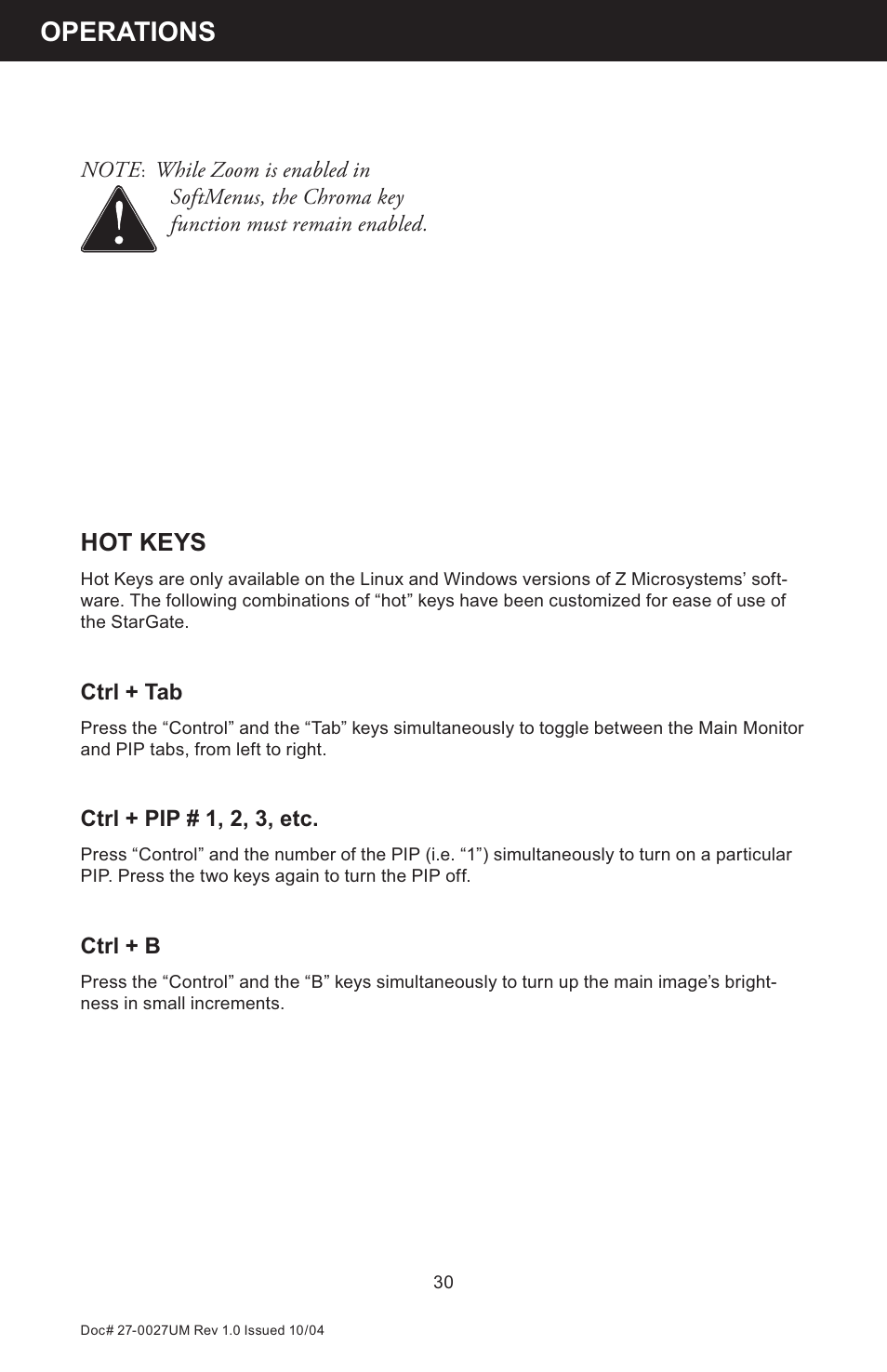 Operations, Hot keys | Z Microsystems StarGate 20 User Manual | Page 30 / 64