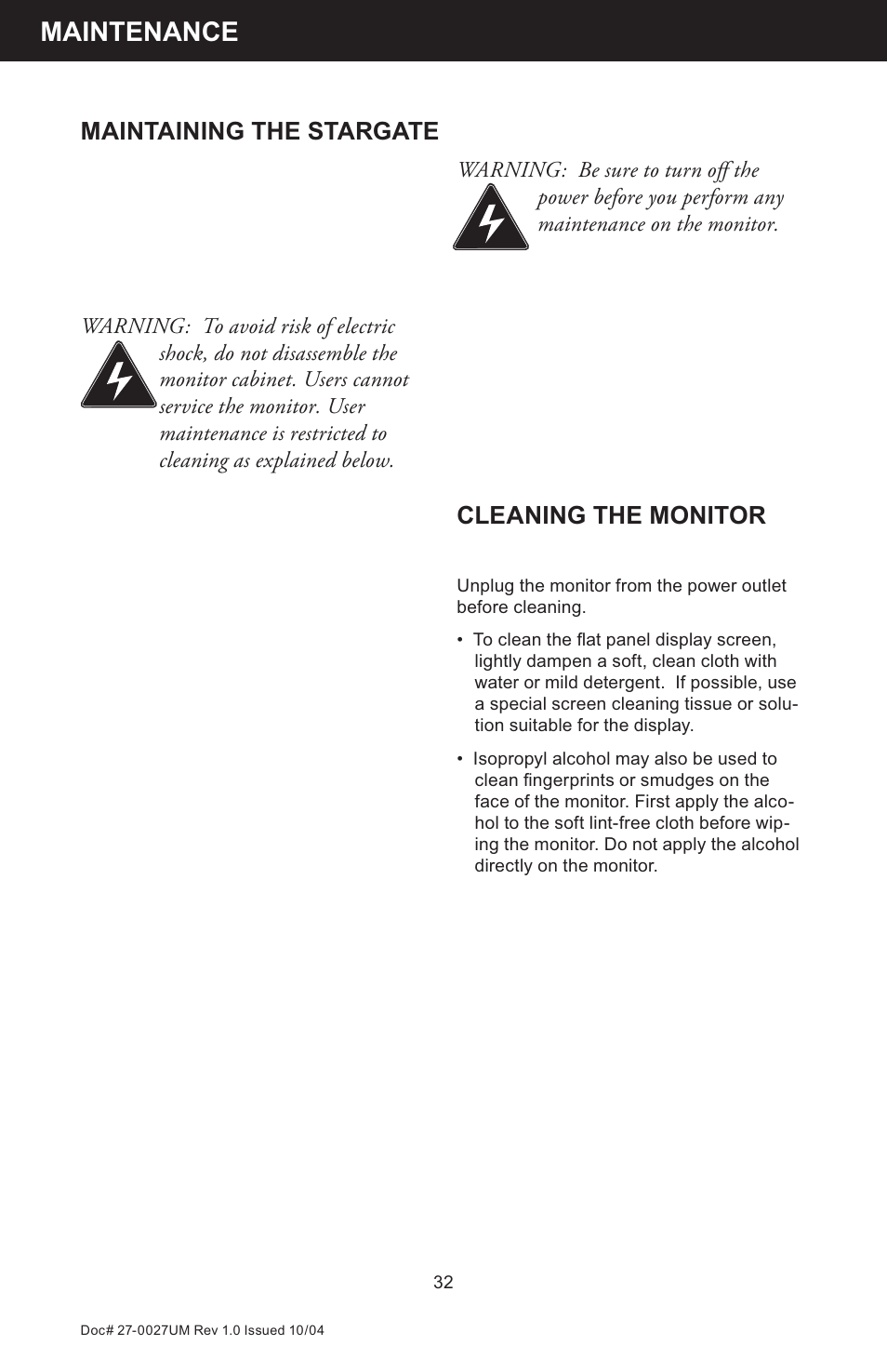 Maintenance, Cleaning the monitor, Maintaining the stargate | Z Microsystems StarGate 20 User Manual | Page 32 / 64