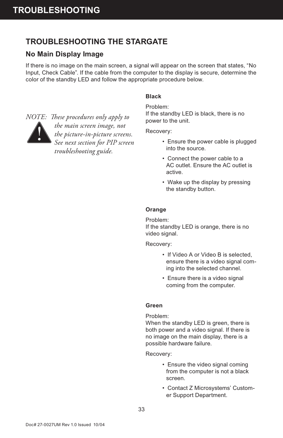 Troubleshooting, Troubleshooting the stargate, No main display image | Z Microsystems StarGate 20 User Manual | Page 33 / 64