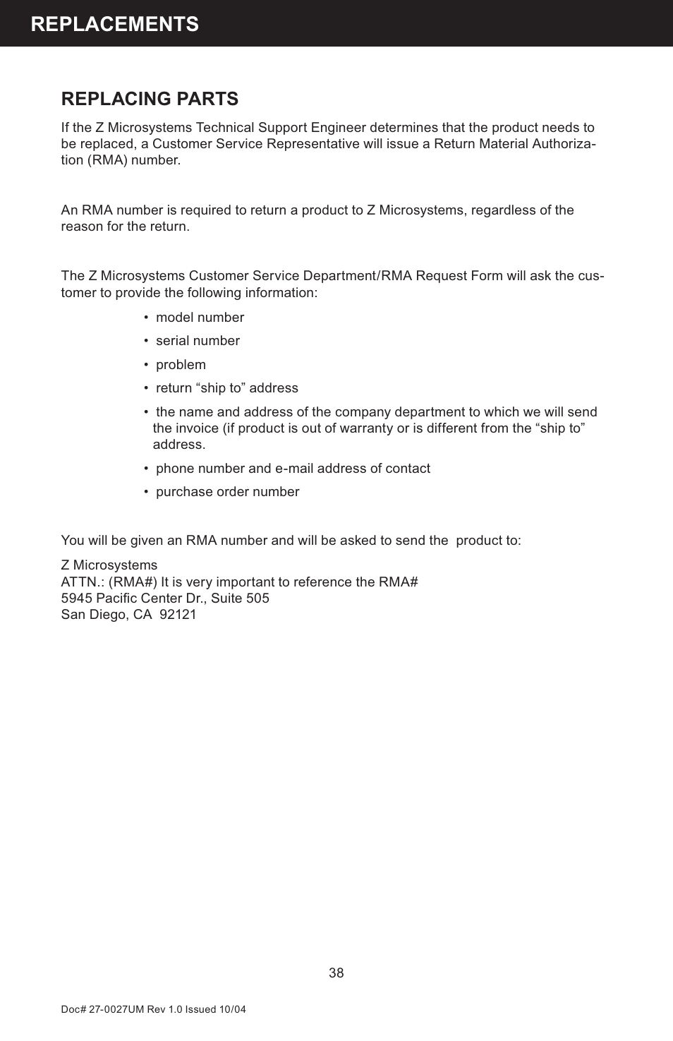 Replacements, Replacing parts | Z Microsystems StarGate 20 User Manual | Page 38 / 64