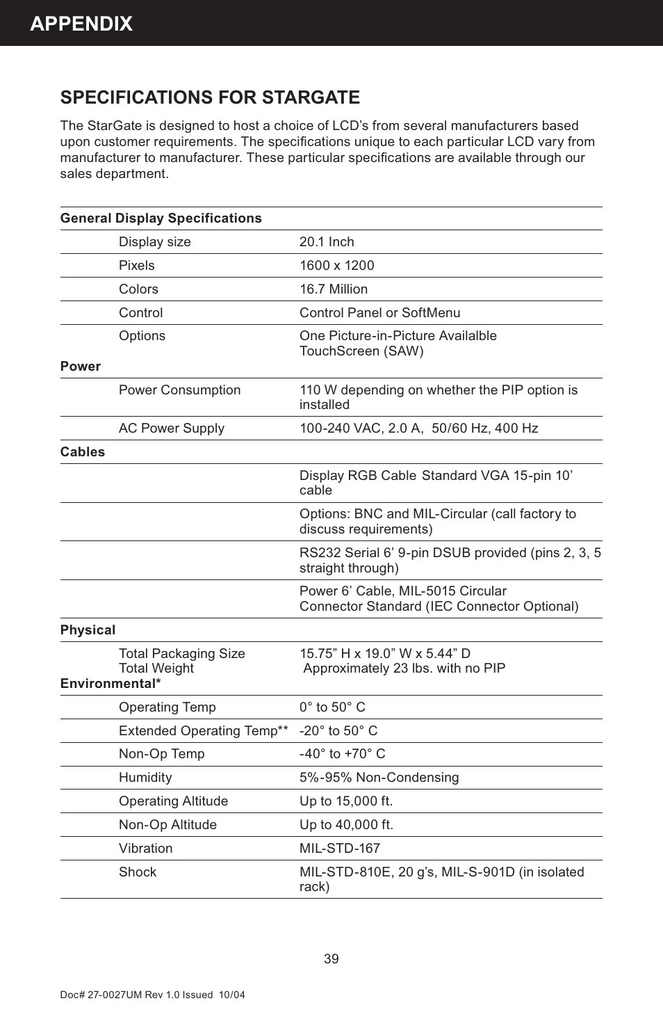 Appendix, Specifications for stargate | Z Microsystems StarGate 20 User Manual | Page 39 / 64