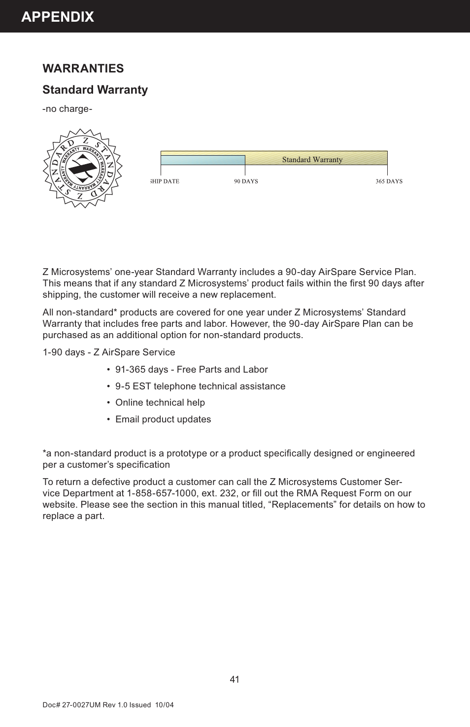 Appendix, Standard warranty, Warranties | Z Microsystems StarGate 20 User Manual | Page 41 / 64
