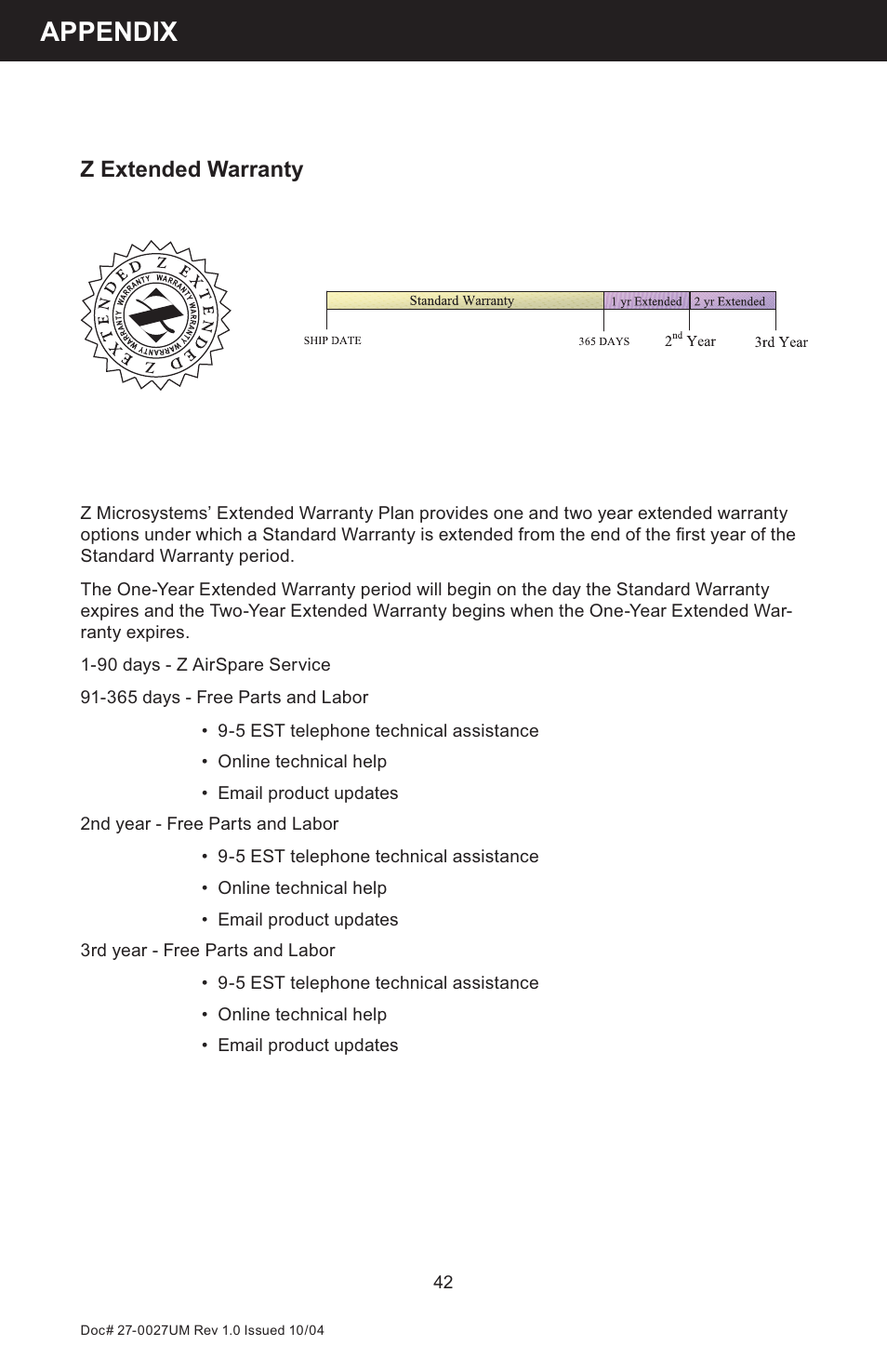 Appendix, Z extended warranty | Z Microsystems StarGate 20 User Manual | Page 42 / 64