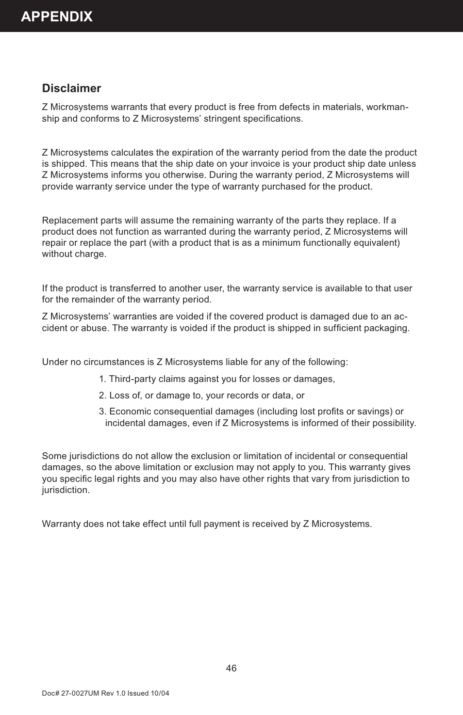 Appendix, Disclaimer | Z Microsystems StarGate 20 User Manual | Page 46 / 64