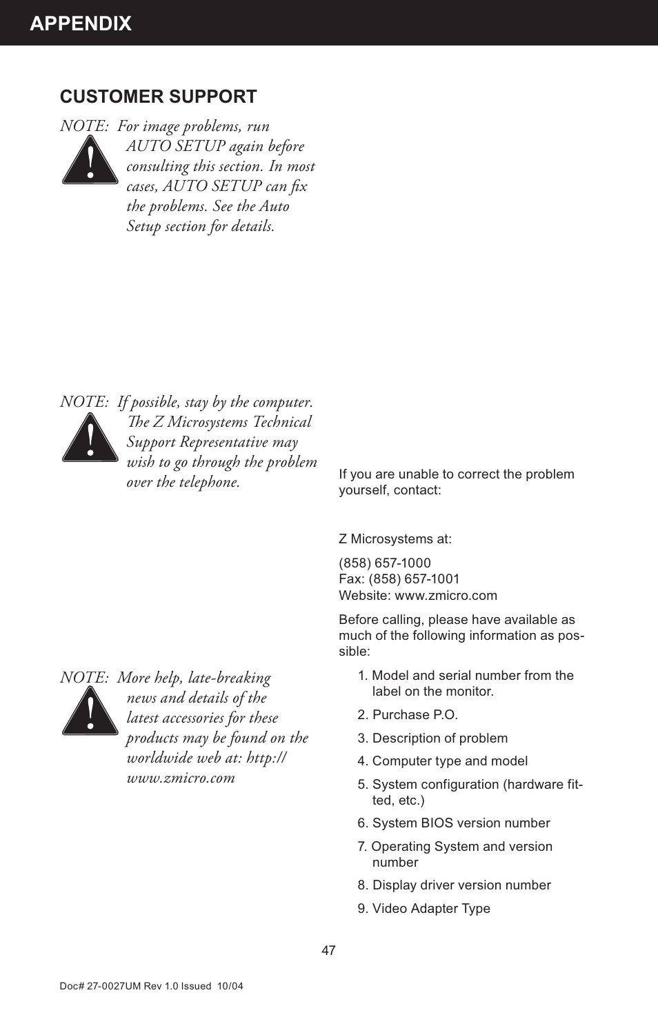 Appendix, Customer support | Z Microsystems StarGate 20 User Manual | Page 47 / 64