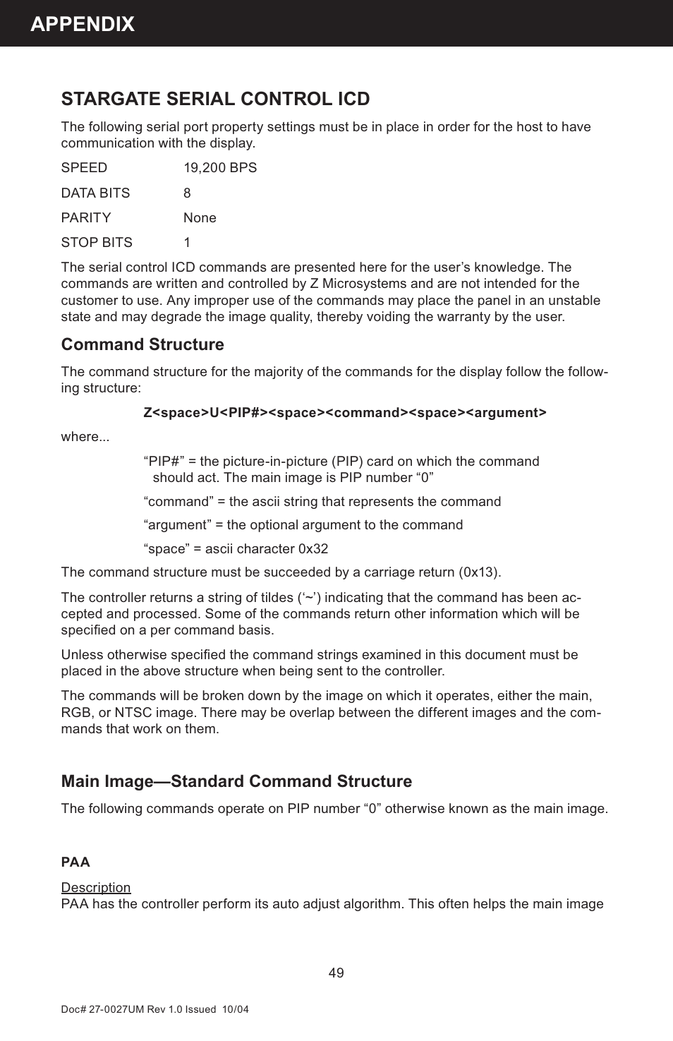 Appendix, Stargate serial control icd, Command structure | Main image—standard command structure | Z Microsystems StarGate 20 User Manual | Page 49 / 64