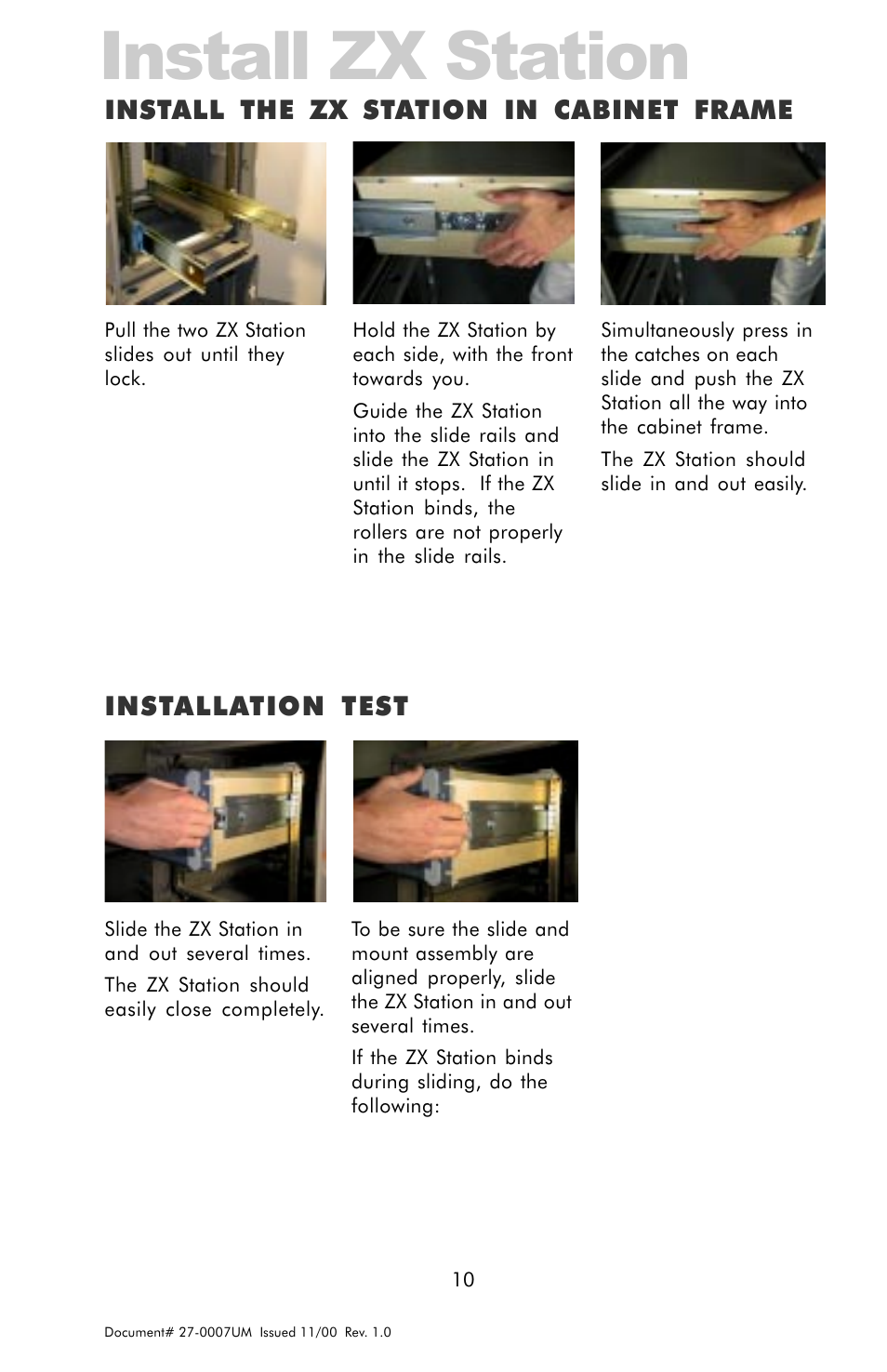 Install zx station, Install the zx station in rack, Frame | Installation test, Install the zx station in cabinet frame | Z Microsystems ZX Station User Manual | Page 10 / 34