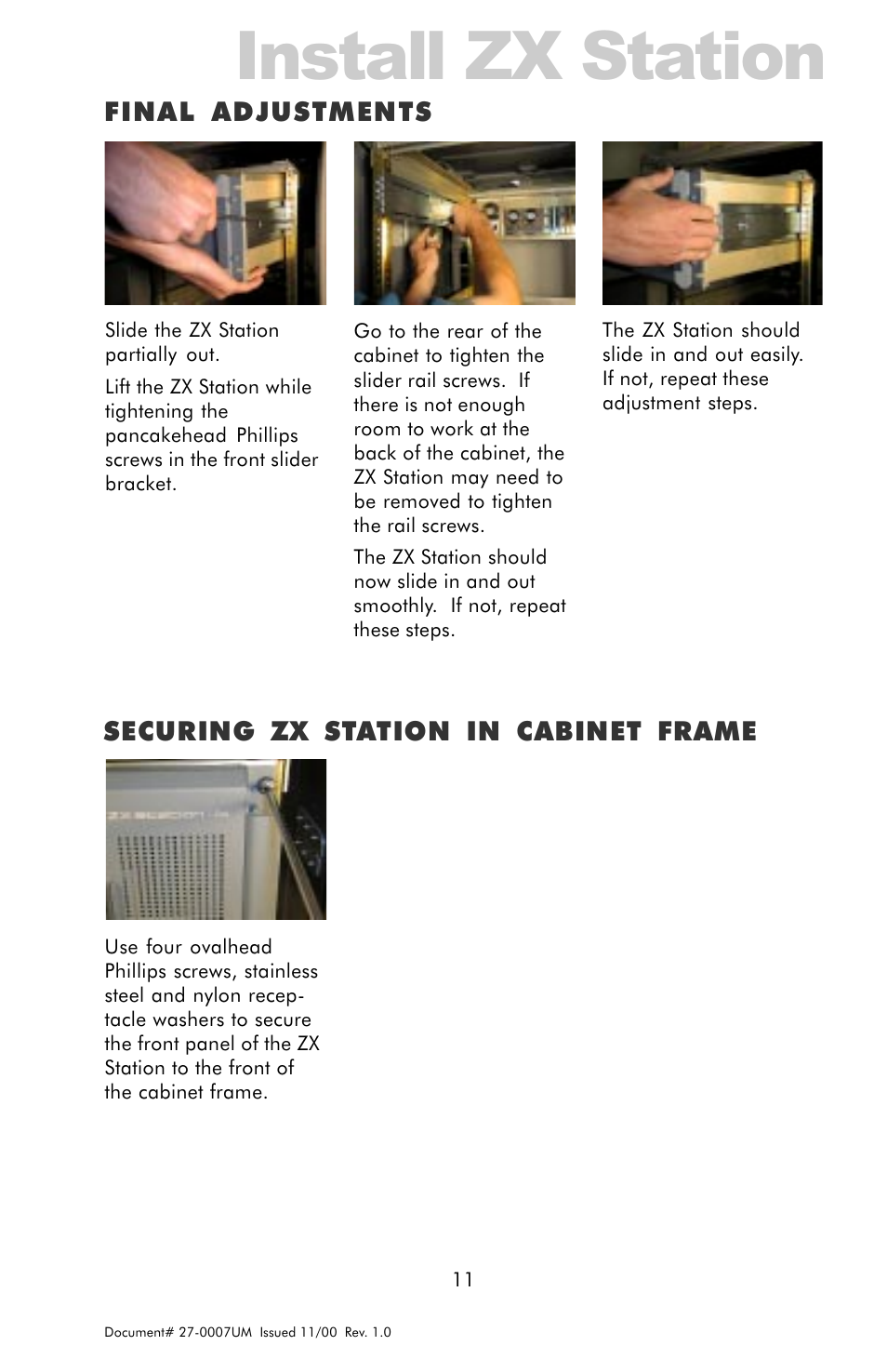 Final adjustments, Securing zx station in rack frame 11, Install zx station | Securing zx station in cabinet frame | Z Microsystems ZX Station User Manual | Page 11 / 34