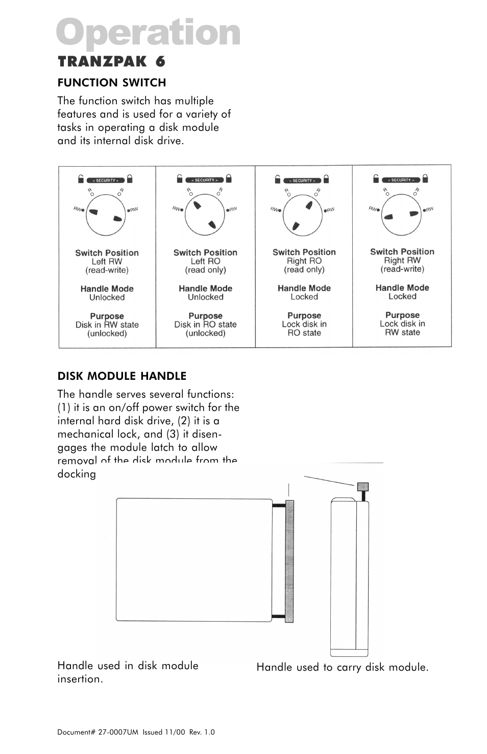 Function switch, Disk module handle, Operation | Tranzpak 6 | Z Microsystems ZX Station User Manual | Page 16 / 34